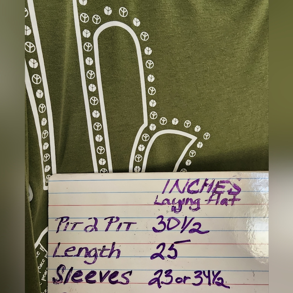 Peace Love World Olive Green Long Sleeve Tee with White Hamsa Hand Design SZ XL - Picture 9 of 9